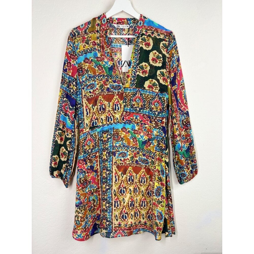Zara Long Sleeve Boho Floral Dress With Button Detail Size M  NWT (Missing Belt)